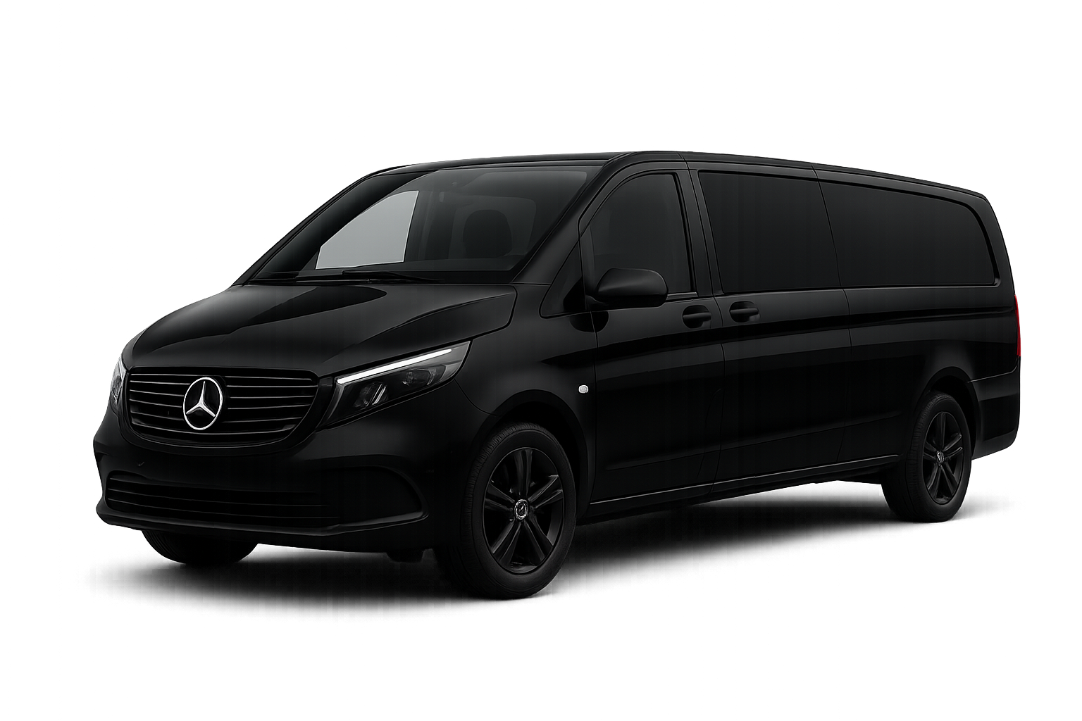 Mercedes VITO 2025 NERO EXTRALONG con vetri oscurati senza targa rivolta verso sinistra frontalmente
Sfondo trasparente